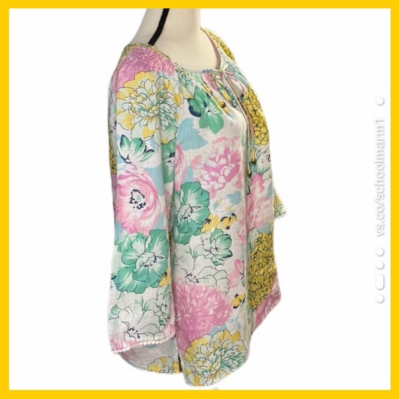 Linen Charter Club Luxury Flowered Peasant Blouse - Picture 4 of 8